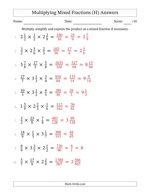 The Multiplying Proper, Improper and Mixed Fractions (3 Factors) (H) Math Worksheet Page 2