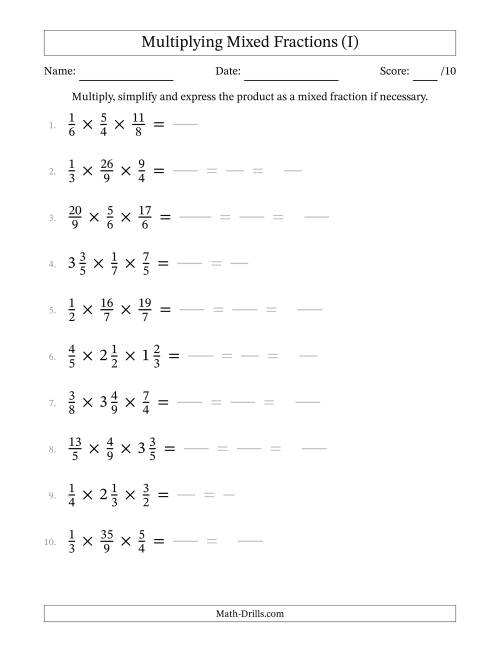 The Multiplying Proper, Improper and Mixed Fractions (3 Factors) (I) Math Worksheet
