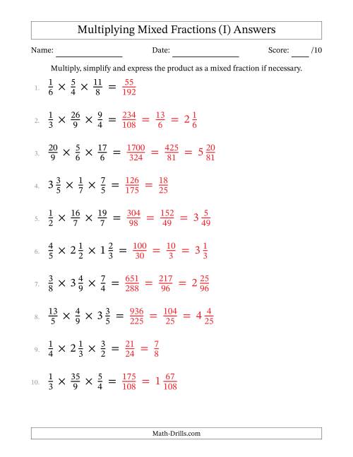 The Multiplying Proper, Improper and Mixed Fractions (3 Factors) (I) Math Worksheet Page 2