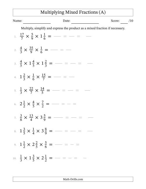 The Multiplying Proper, Improper and Mixed Fractions (3 Factors) (All) Math Worksheet