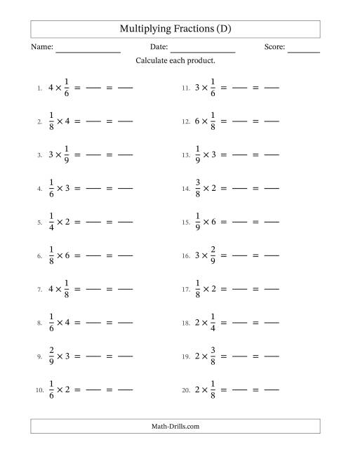 The Multiplying Proper Fractions and Whole Numbers with All Simplification (Fillable) (D) Math Worksheet