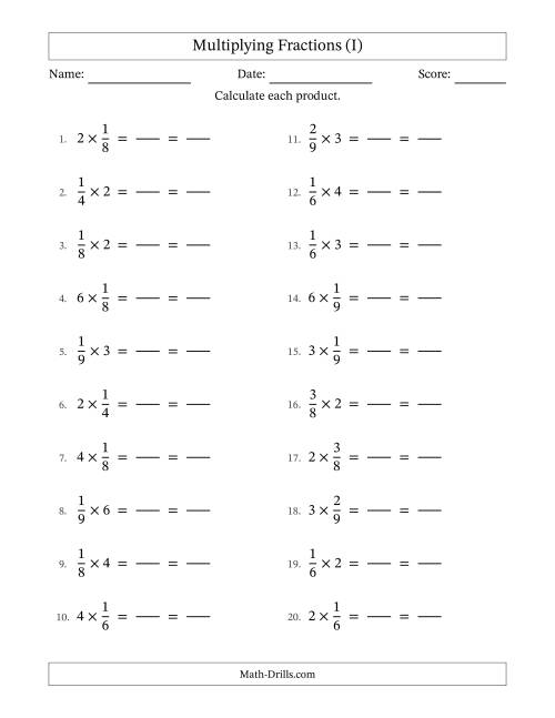 The Multiplying Proper Fractions and Whole Numbers with All Simplification (Fillable) (I) Math Worksheet