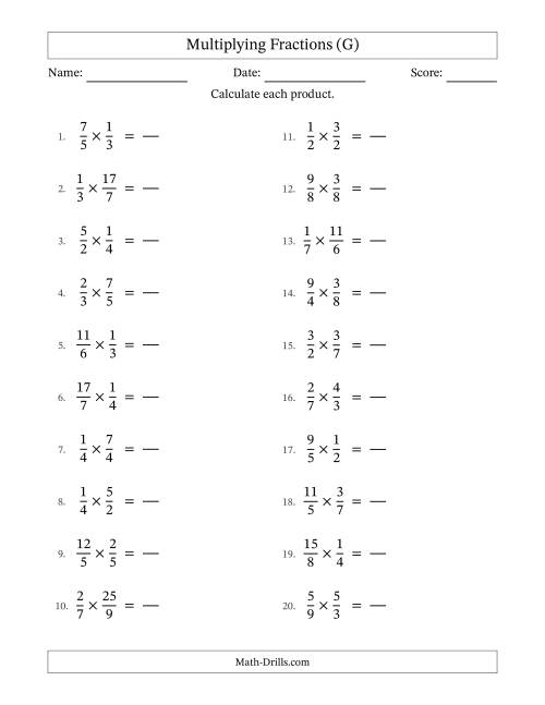 The Multiplying Proper and Improper Fractions with No Simplification (Fillable) (G) Math Worksheet