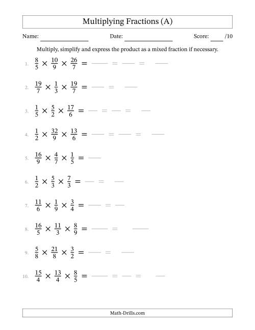 The Multiplying 3 Proper and Improper Fractions (A) Math Worksheet