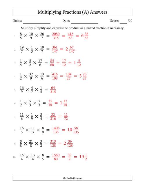 The Multiplying 3 Proper and Improper Fractions (A) Math Worksheet Page 2