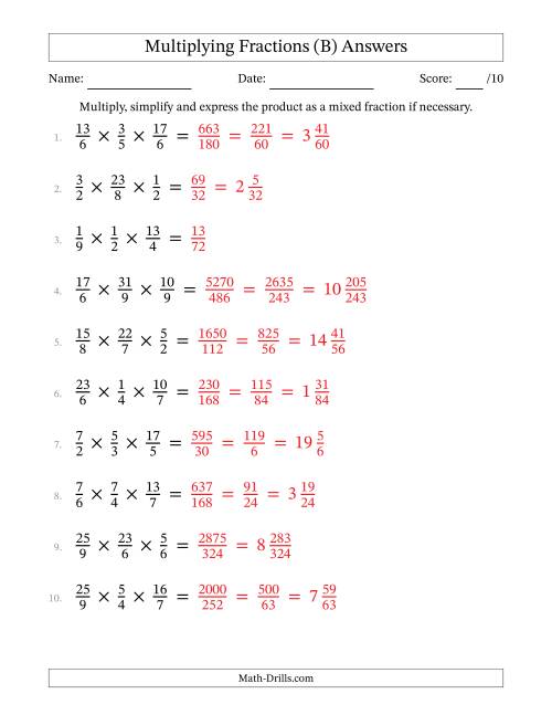 Multiplying and Simplifying Proper and Improper Fractions with Three ...