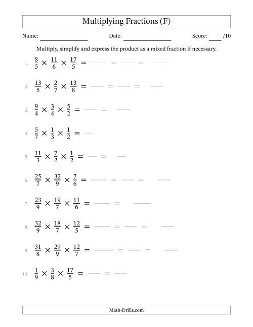 The Multiplying 3 Proper and Improper Fractions (F) Math Worksheet