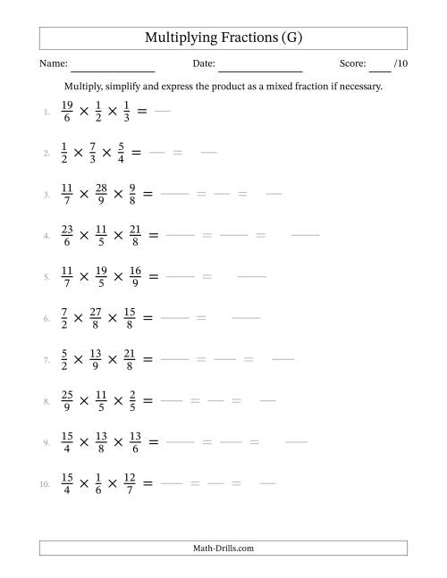 The Multiplying 3 Proper and Improper Fractions (G) Math Worksheet