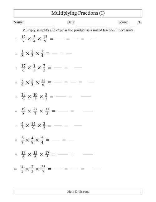 The Multiplying 3 Proper and Improper Fractions (I) Math Worksheet