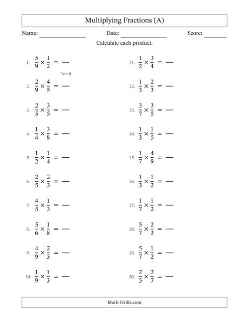 The Multiplying Two Proper Fractions with No Simplifying (Fillable) (A) Math Worksheet