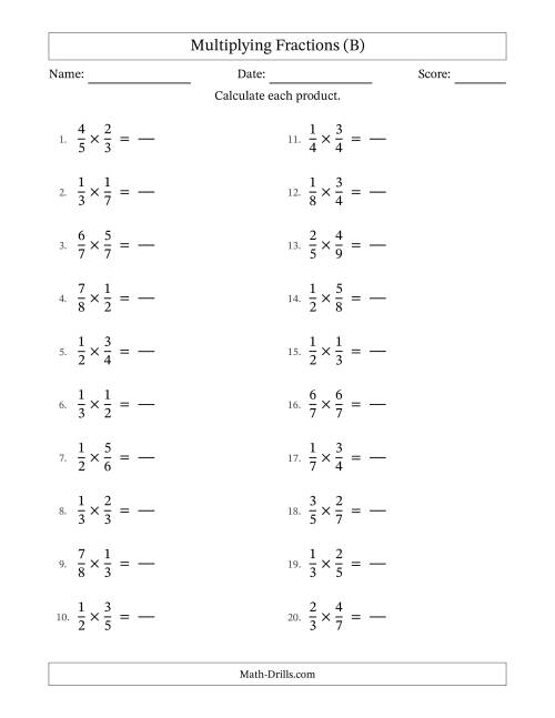 The Multiplying Two Proper Fractions with No Simplification (Fillable) (B) Math Worksheet