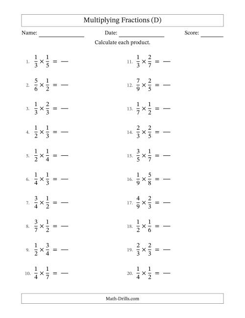 The Multiplying Two Proper Fractions with No Simplification (Fillable) (D) Math Worksheet
