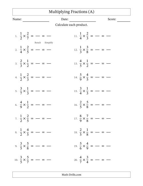 The Multiplying Two Proper Fractions with All Simplifying (Fillable) (A) Math Worksheet