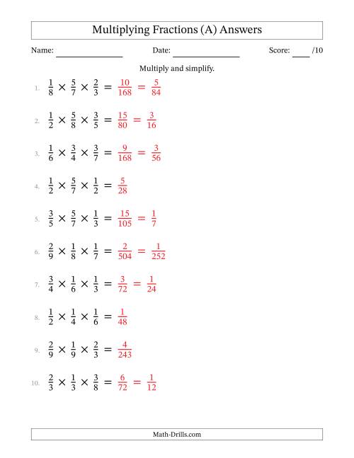 The Multiplying 3 Proper Fractions (A) Math Worksheet Page 2