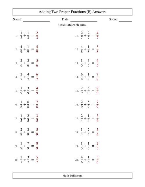 The Adding Two Proper Fractions with Equal Denominators, Proper Fractions Results and No Simplifying (B) Math Worksheet Page 2