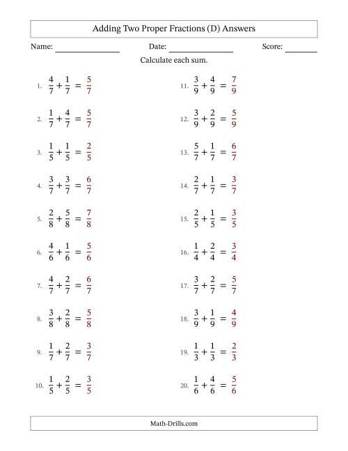 The Adding Two Proper Fractions with Equal Denominators, Proper Fractions Results and No Simplifying (D) Math Worksheet Page 2