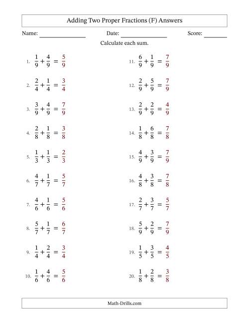 The Adding Two Proper Fractions with Equal Denominators, Proper Fractions Results and No Simplifying (F) Math Worksheet Page 2