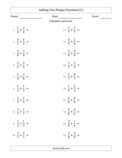 The Adding Two Proper Fractions with Equal Denominators, Proper Fractions Results and No Simplifying (G) Math Worksheet