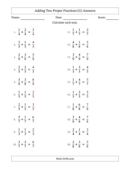 The Adding Two Proper Fractions with Equal Denominators, Proper Fractions Results and No Simplifying (G) Math Worksheet Page 2