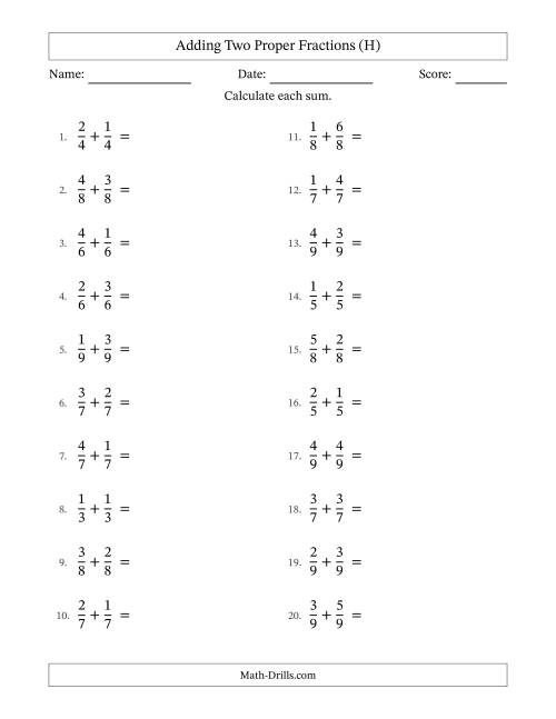 The Adding Two Proper Fractions with Equal Denominators, Proper Fractions Results and No Simplifying (H) Math Worksheet