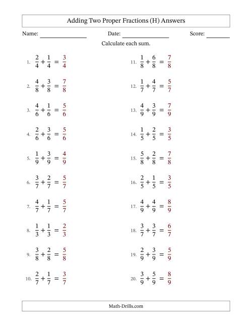 The Adding Two Proper Fractions with Equal Denominators, Proper Fractions Results and No Simplifying (H) Math Worksheet Page 2
