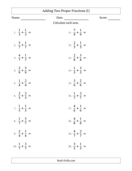 The Adding Two Proper Fractions with Equal Denominators, Proper Fractions Results and No Simplifying (I) Math Worksheet