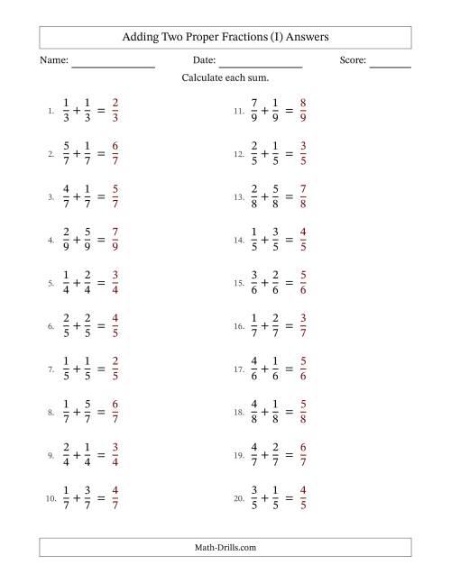 The Adding Two Proper Fractions with Equal Denominators, Proper Fractions Results and No Simplifying (I) Math Worksheet Page 2