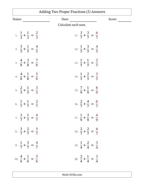 The Adding Two Proper Fractions with Equal Denominators, Proper Fractions Results and No Simplifying (J) Math Worksheet Page 2