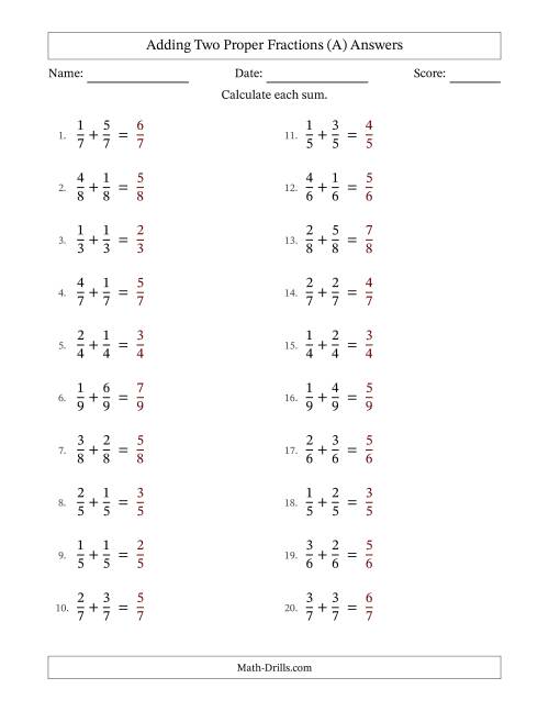 The Adding Two Proper Fractions with Equal Denominators, Proper Fractions Results and No Simplifying (All) Math Worksheet Page 2