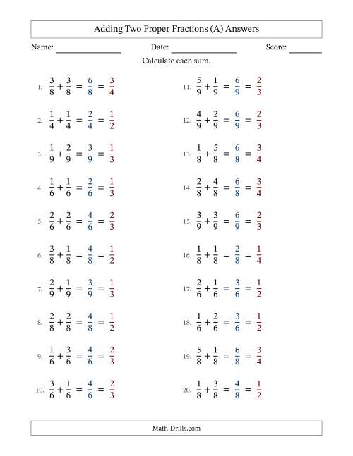 The Adding Two Proper Fractions with Equal Denominators, Proper Fractions Results and All Simplifying (A) Math Worksheet Page 2