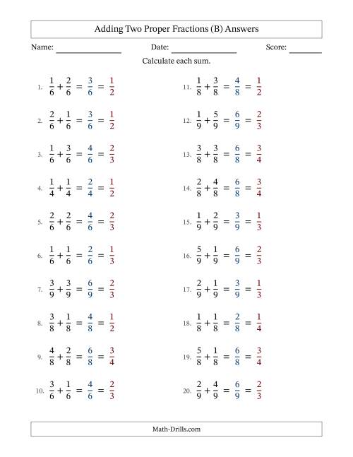 The Adding Two Proper Fractions with Equal Denominators, Proper Fractions Results and All Simplifying (B) Math Worksheet Page 2