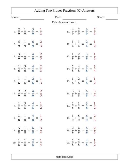 The Adding Two Proper Fractions with Equal Denominators, Proper Fractions Results and All Simplifying (C) Math Worksheet Page 2