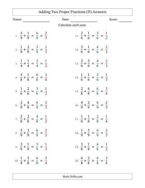 The Adding Two Proper Fractions with Equal Denominators, Proper Fractions Results and All Simplifying (D) Math Worksheet Page 2