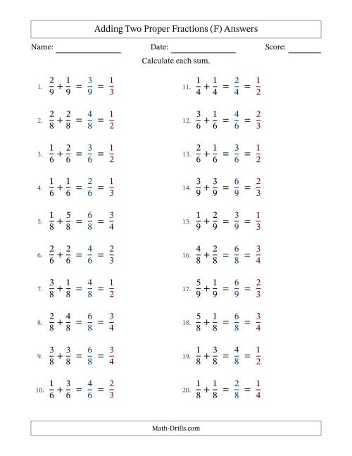 The Adding Two Proper Fractions with Equal Denominators, Proper Fractions Results and All Simplifying (F) Math Worksheet Page 2