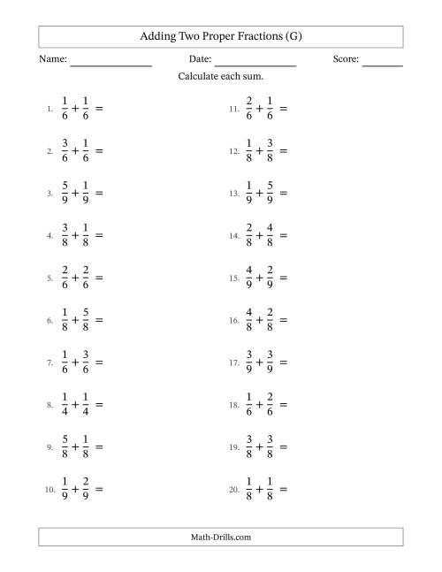 The Adding Two Proper Fractions with Equal Denominators, Proper Fractions Results and All Simplifying (G) Math Worksheet
