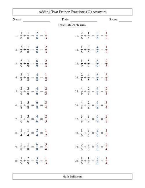 The Adding Two Proper Fractions with Equal Denominators, Proper Fractions Results and All Simplifying (G) Math Worksheet Page 2