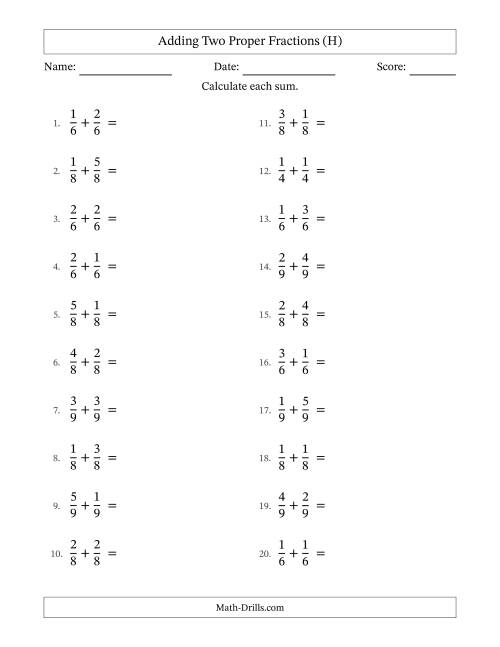 The Adding Two Proper Fractions with Equal Denominators, Proper Fractions Results and All Simplifying (H) Math Worksheet