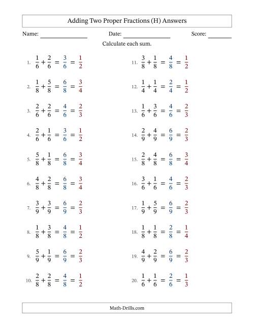 The Adding Two Proper Fractions with Equal Denominators, Proper Fractions Results and All Simplifying (H) Math Worksheet Page 2