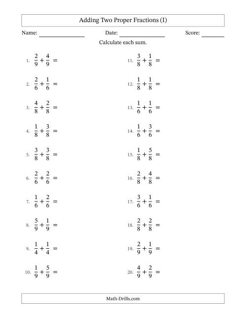 The Adding Two Proper Fractions with Equal Denominators, Proper Fractions Results and All Simplifying (I) Math Worksheet