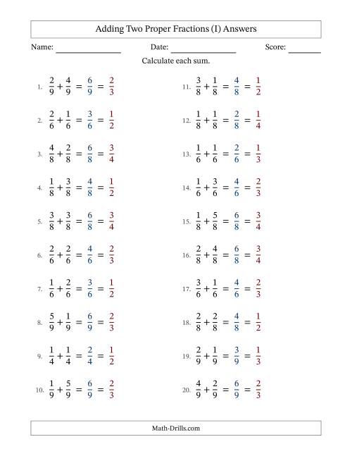 The Adding Two Proper Fractions with Equal Denominators, Proper Fractions Results and All Simplifying (I) Math Worksheet Page 2