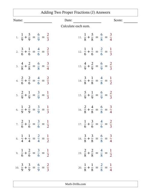 The Adding Two Proper Fractions with Equal Denominators, Proper Fractions Results and All Simplifying (J) Math Worksheet Page 2