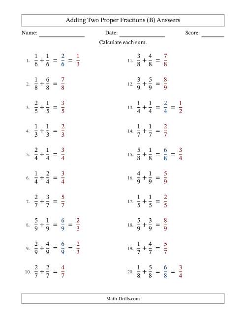 The Adding Two Proper Fractions with Equal Denominators, Proper Fractions Results and Some Simplifying (B) Math Worksheet Page 2