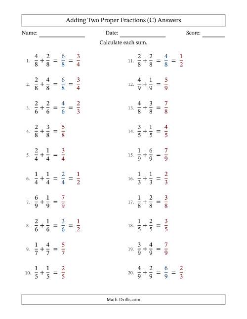 The Adding Two Proper Fractions with Equal Denominators, Proper Fractions Results and Some Simplifying (C) Math Worksheet Page 2