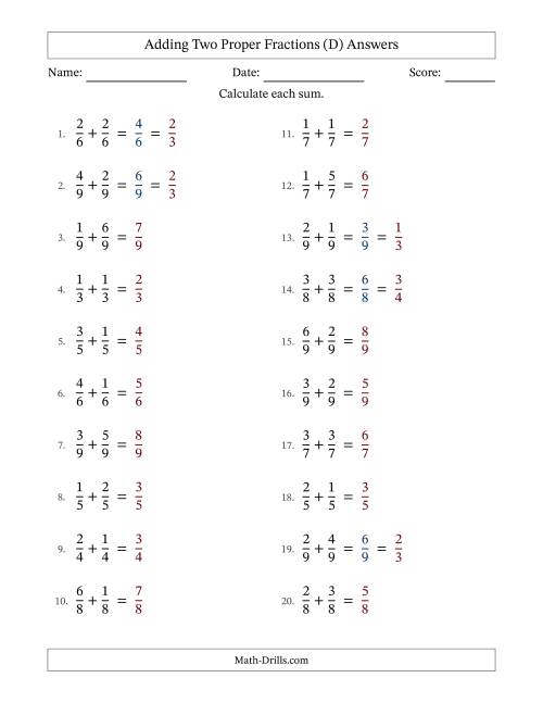 The Adding Two Proper Fractions with Equal Denominators, Proper Fractions Results and Some Simplifying (D) Math Worksheet Page 2