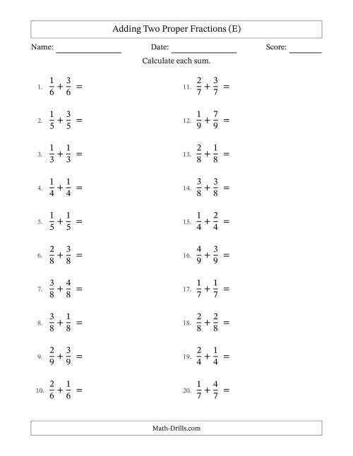 The Adding Two Proper Fractions with Equal Denominators, Proper Fractions Results and Some Simplifying (E) Math Worksheet