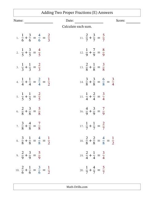 The Adding Two Proper Fractions with Equal Denominators, Proper Fractions Results and Some Simplifying (E) Math Worksheet Page 2