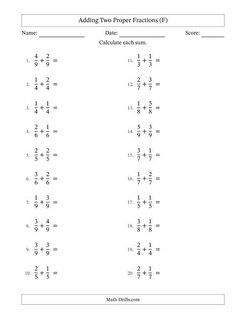 The Adding Two Proper Fractions with Equal Denominators, Proper Fractions Results and Some Simplifying (F) Math Worksheet