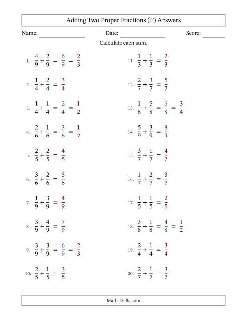 The Adding Two Proper Fractions with Equal Denominators, Proper Fractions Results and Some Simplifying (F) Math Worksheet Page 2