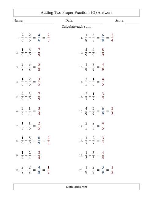 The Adding Two Proper Fractions with Equal Denominators, Proper Fractions Results and Some Simplifying (G) Math Worksheet Page 2