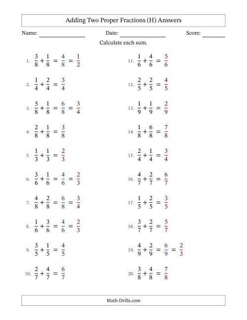 The Adding Two Proper Fractions with Equal Denominators, Proper Fractions Results and Some Simplifying (H) Math Worksheet Page 2